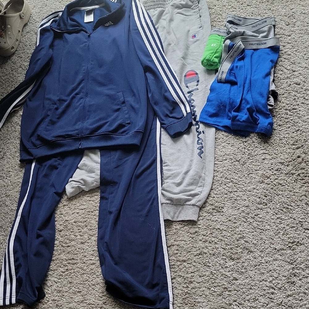 Adidas Blue Tracksuit and Champion Gray Sweatpants Set